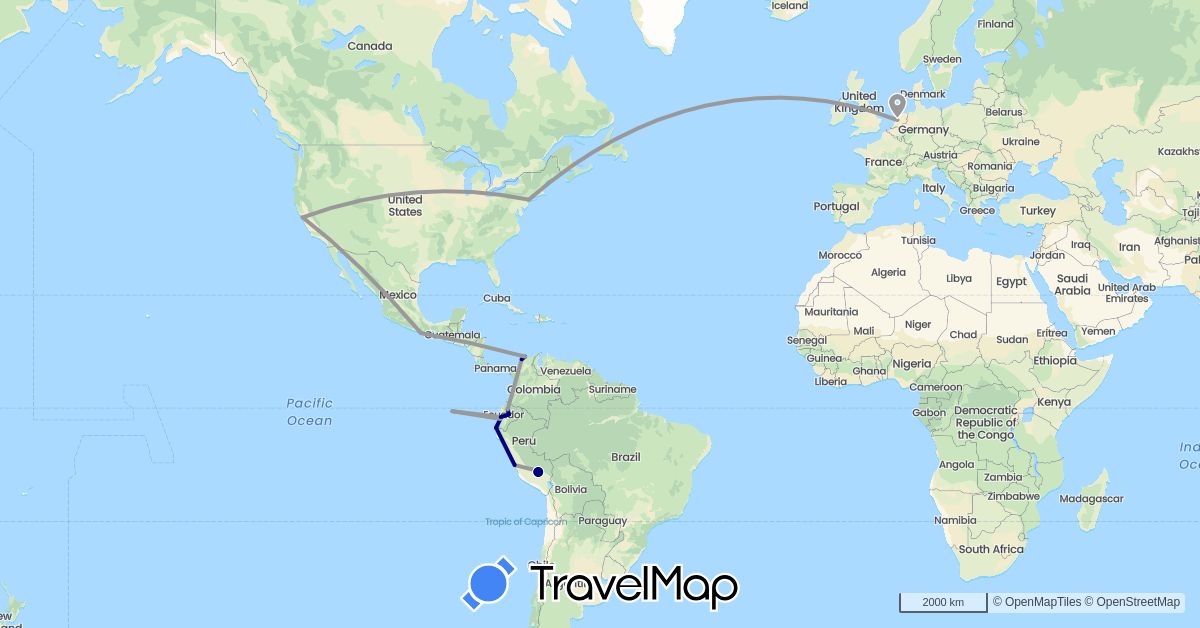 TravelMap itinerary: driving, plane in Colombia, Ecuador, Mexico, Netherlands, Peru, United States (Europe, North America, South America)